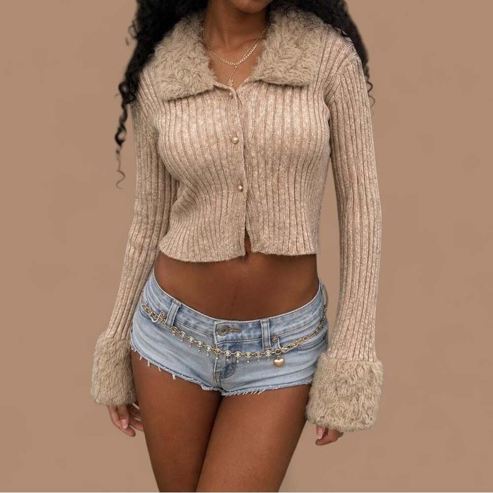 Y2K Beige Rib Knit Faux Fur Trim Pearl Button Cropped Cardigan XXL